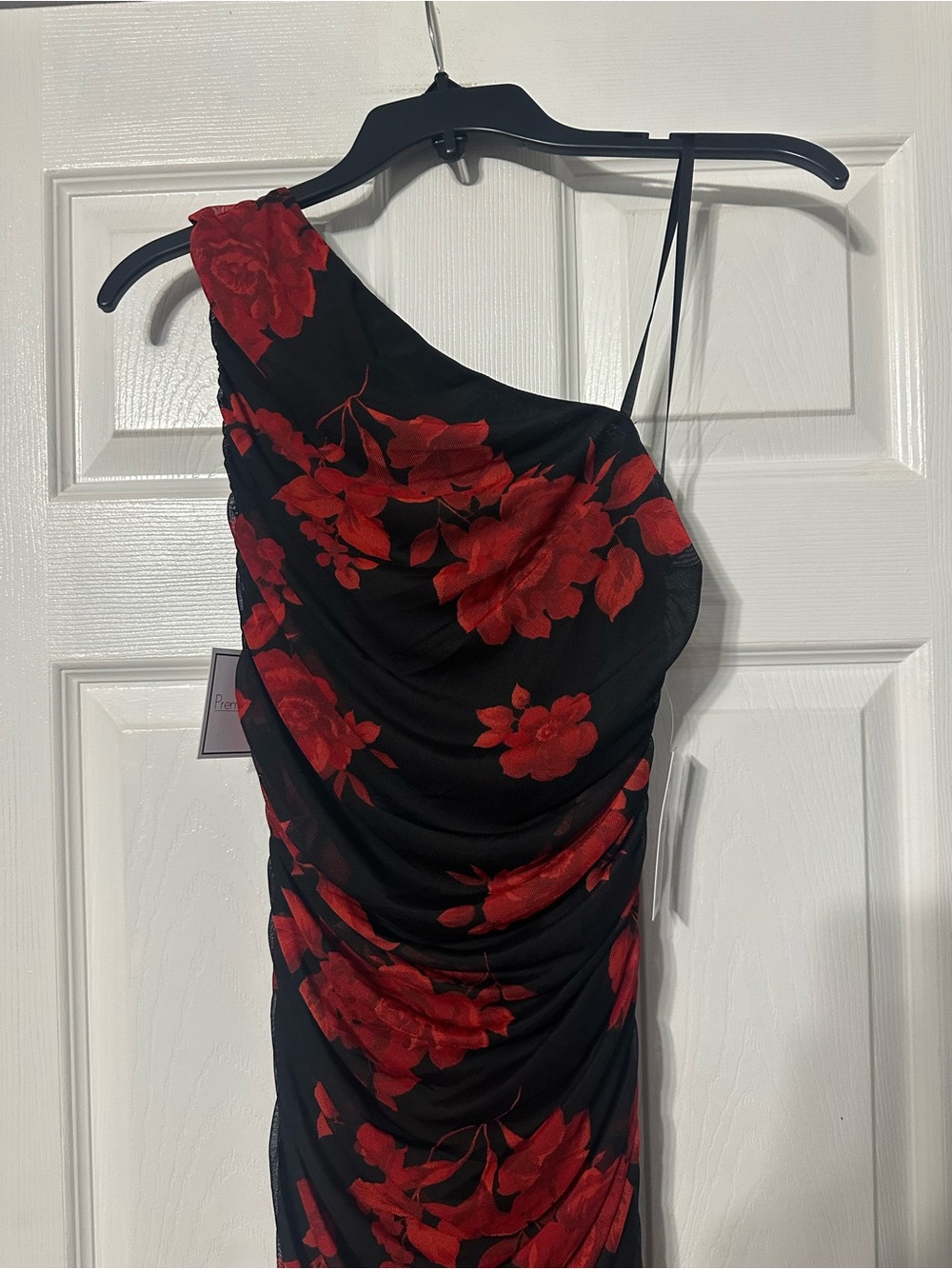 NWT Premier Amour One-Shoulder Ruched Black Dress with Red Floral Print - Picture 2 of 13